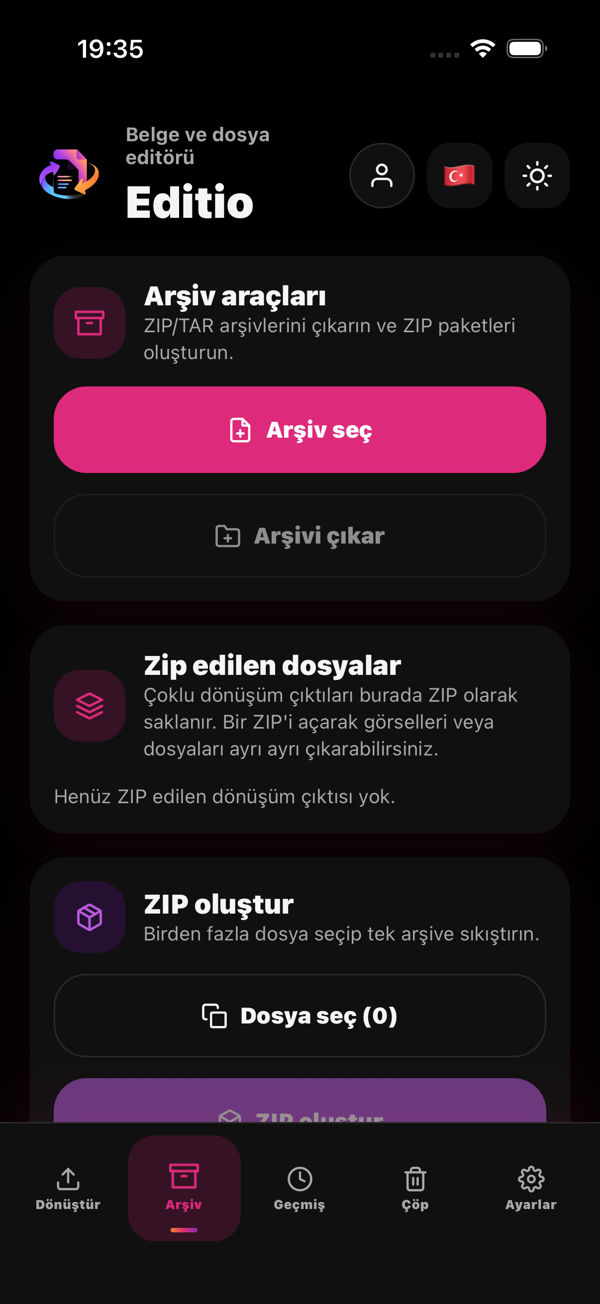 Editio'nun iPhone üzerindeki arşiv yönetimi ekranı