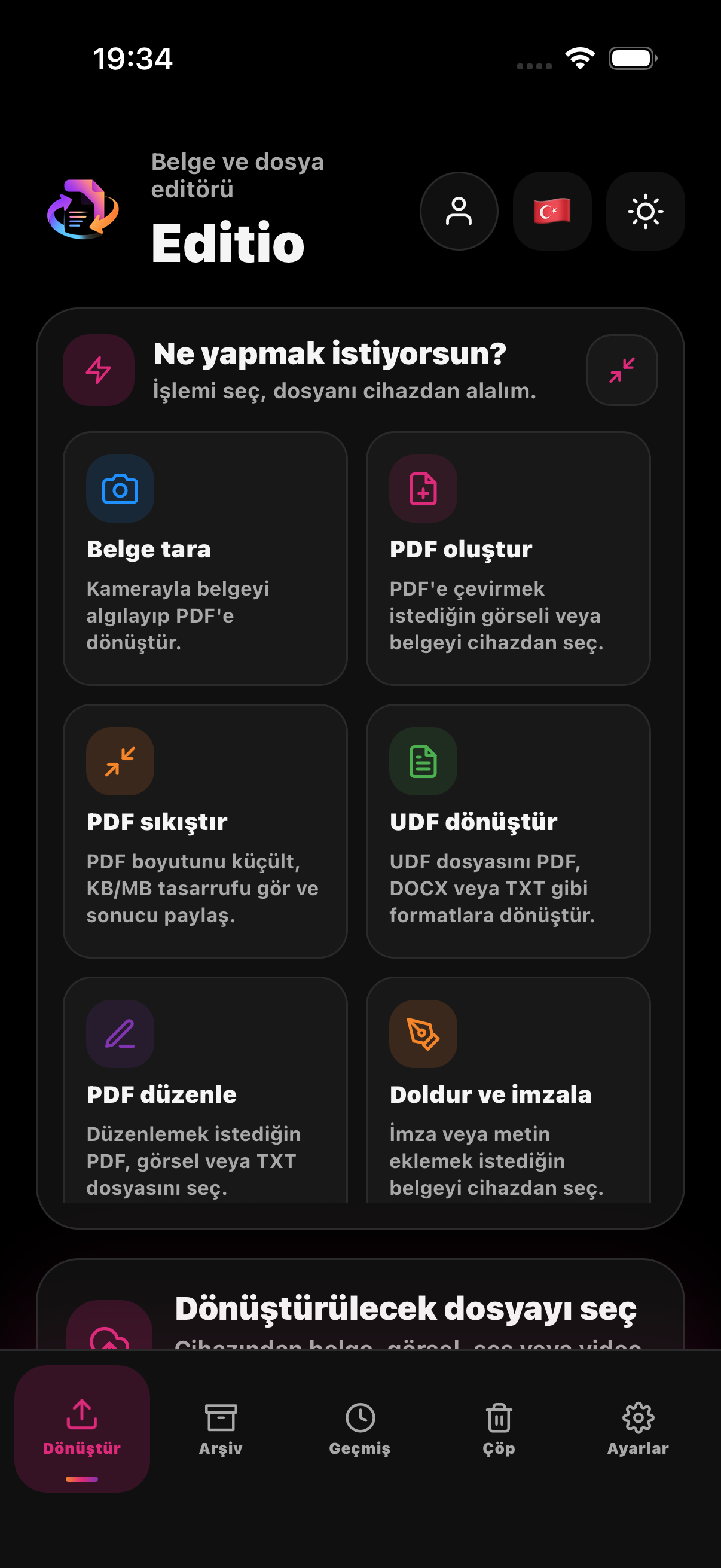 Editio'nun iPhone üzerindeki dönüştürme ana ekranı